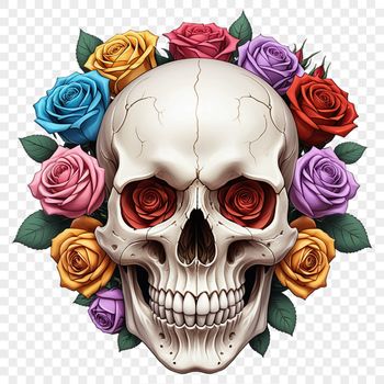 A transparent PNG image of a stylized skull with a clear background, suitable for commercial or personal use.