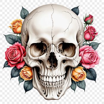 A stylized skull with intricate floral patterns and details, suitable for commercial or personal use.