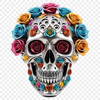 A transparent PNG image of a stylized skull with a floral patterned background.