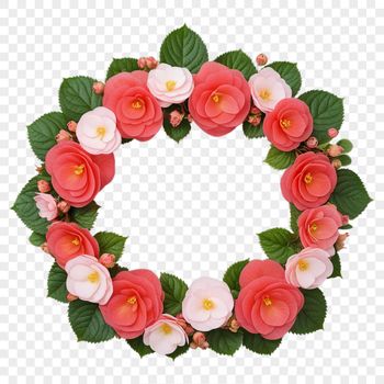 A floral wreath made up of intertwined flowers with a clear background.