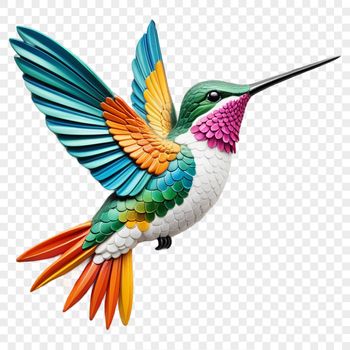 A colorful, tropical bird with iridescent feathers and long beak, perched on a green branch.
