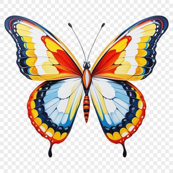 A colorful butterfly perched on a leaf with transparent wings.