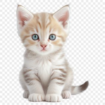 A small domestic cat with bright eyes and soft fur on a transparent background.