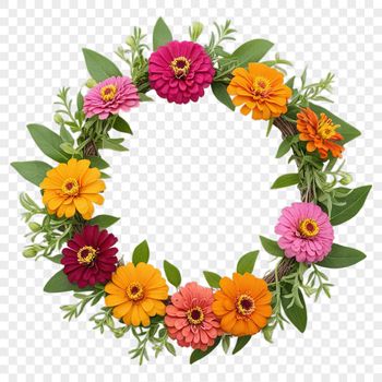 A floral wreath composed of various flowers and foliage on a transparent background.