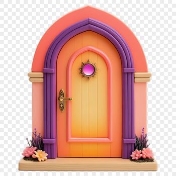A detailed, transparent PNG image of a whimsical fairy door with intricate details and a clear background.