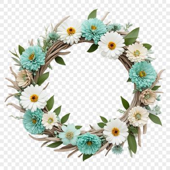 A high-resolution floral wreath made up of various flowers with a transparent background.
