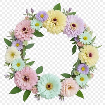 A decorative floral wreath made up of various flowers in a symmetrical arrangement.