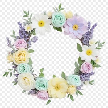 A high-resolution floral wreath made up of intricate flowers and foliage on a transparent background.