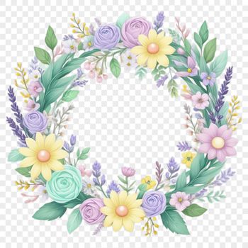A floral wreath made from various flowers and foliage elements in high resolution PNG format.