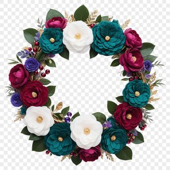 A floral wreath made from red roses with a clear background.
