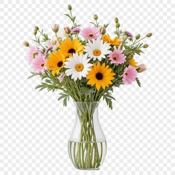 A colorful bouquet of flowers with a clear transparent background.