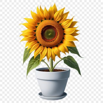 A bright yellow sunflower with large petals and dark center stands tall in a plain flower pot.