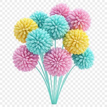 A colorful bouquet of flowers arranged in a decorative vase on a clear background.