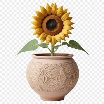 A bright yellow sunflower in a white ceramic pot on a clear background.