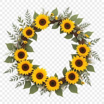 A high-resolution floral wreath made up of sunflowers, suitable for commercial or personal use.