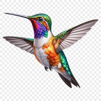 A colorful hummingbird perched on a branch in flight.