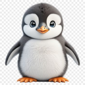 A small, fluffy baby penguin standing on the ground with its wings folded.