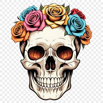 A detailed illustration of a skull with floral elements surrounding it, ideal for Halloween decorations or creative projects.