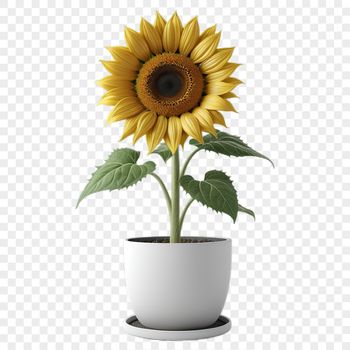 A bright yellow sunflower with large petals and a dark center, growing in a white flower pot.