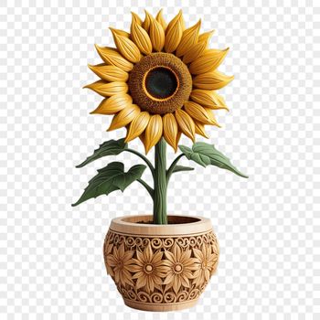 A high resolution PNG image of a single sunflower in a flower pot with a clear background.