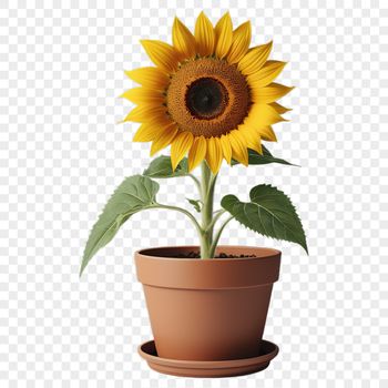 A high-resolution PNG image of a sunflower in a flower pot on a transparent background.
