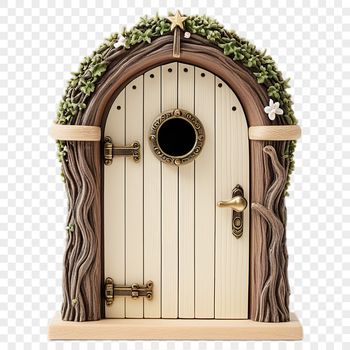 A whimsical illustration of a small door with intricate details, set against a clear background.