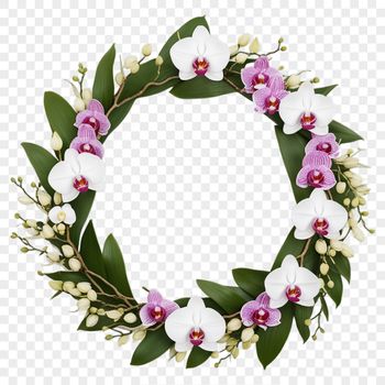 A floral arrangement in the shape of a wreath with clear background.