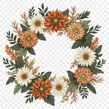 A floral wreath made from various flowers in a circular shape with a clear background.