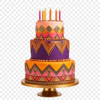 A layered, multi-colored birthday cake with candles lit.