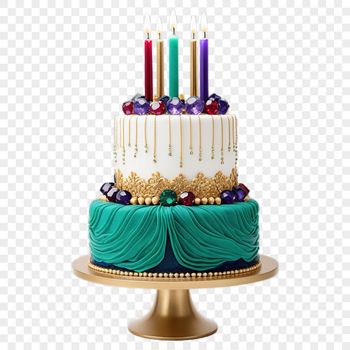 A brightly colored birthday cake with candles on top, designed for commercial or personal use.