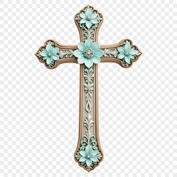 A clear and detailed religious symbol featuring a cross in a floral-inspired design.