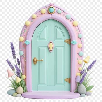 A transparent PNG image of a whimsical fairy door with a clear background, suitable for various creative projects.