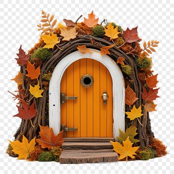 A small wooden door with intricate details, set against a transparent background.