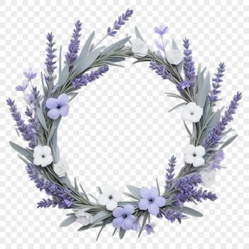A floral wreath with flowers arranged in a circular pattern on a transparent background.