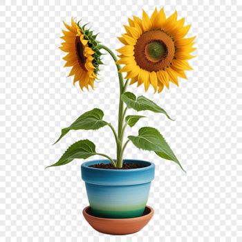 A bright yellow sunflower with green stem in a simple flower pot on a clear background.