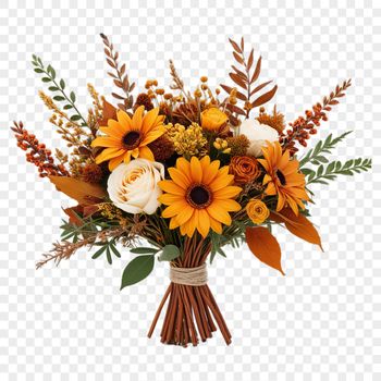 A colorful bouquet of flowers with varying shapes and sizes, set against a transparent background.