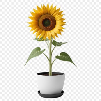 A high-resolution illustration of a sunflower in a pot with a transparent background.