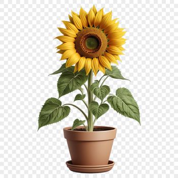 A high resolution PNG image of a single sunflower in a flower pot against a clear background.