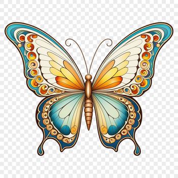 A colorful butterfly with intricate patterns and details on a transparent background.