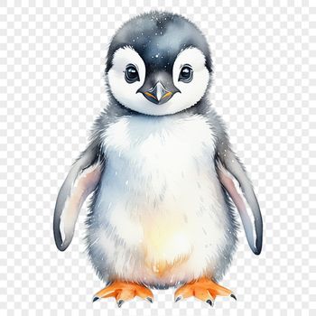 A small penguin chick standing on its feet, waddling on land with flippers.
