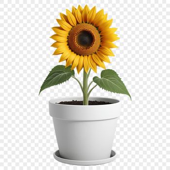 A large, bright yellow sunflower with dark centers, growing in a flower pot on a clear background.