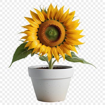 A single sunflower plant in full bloom, placed in a simple flower pot on a clear background.