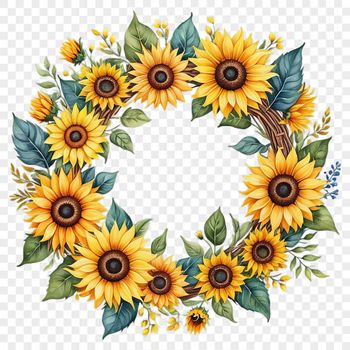 A floral sunflower wreath with a clear background, suitable for commercial and personal use.