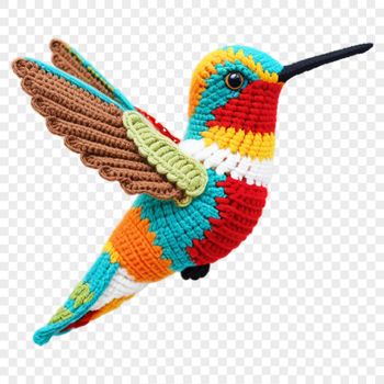 A colorful hummingbird in mid-air, with its iridescent feathers visible against a clear background.