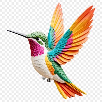 A colorful hummingbird in flight, against a transparent background.