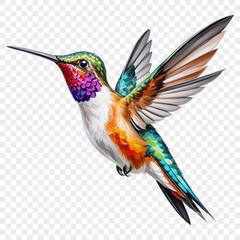 A high-resolution illustration of a hummingbird in flight with a transparent background.
