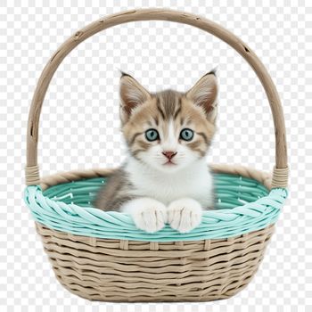 A high-resolution transparent png image of a kitten sitting in a basket.