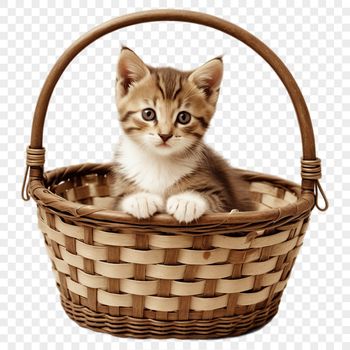 A transparent PNG image of a small kitten sitting inside a woven basket.
