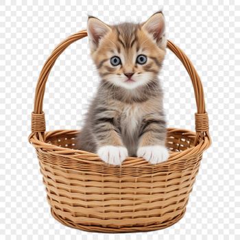 A cute kitten sitting in a woven basket on a transparent background.