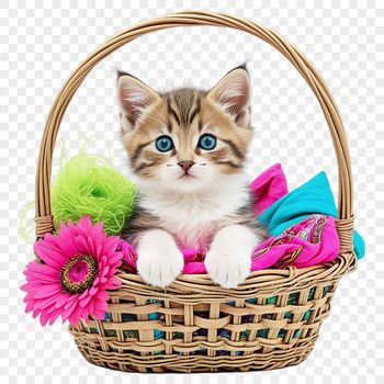 A kitten sitting in a woven basket on a clear background.